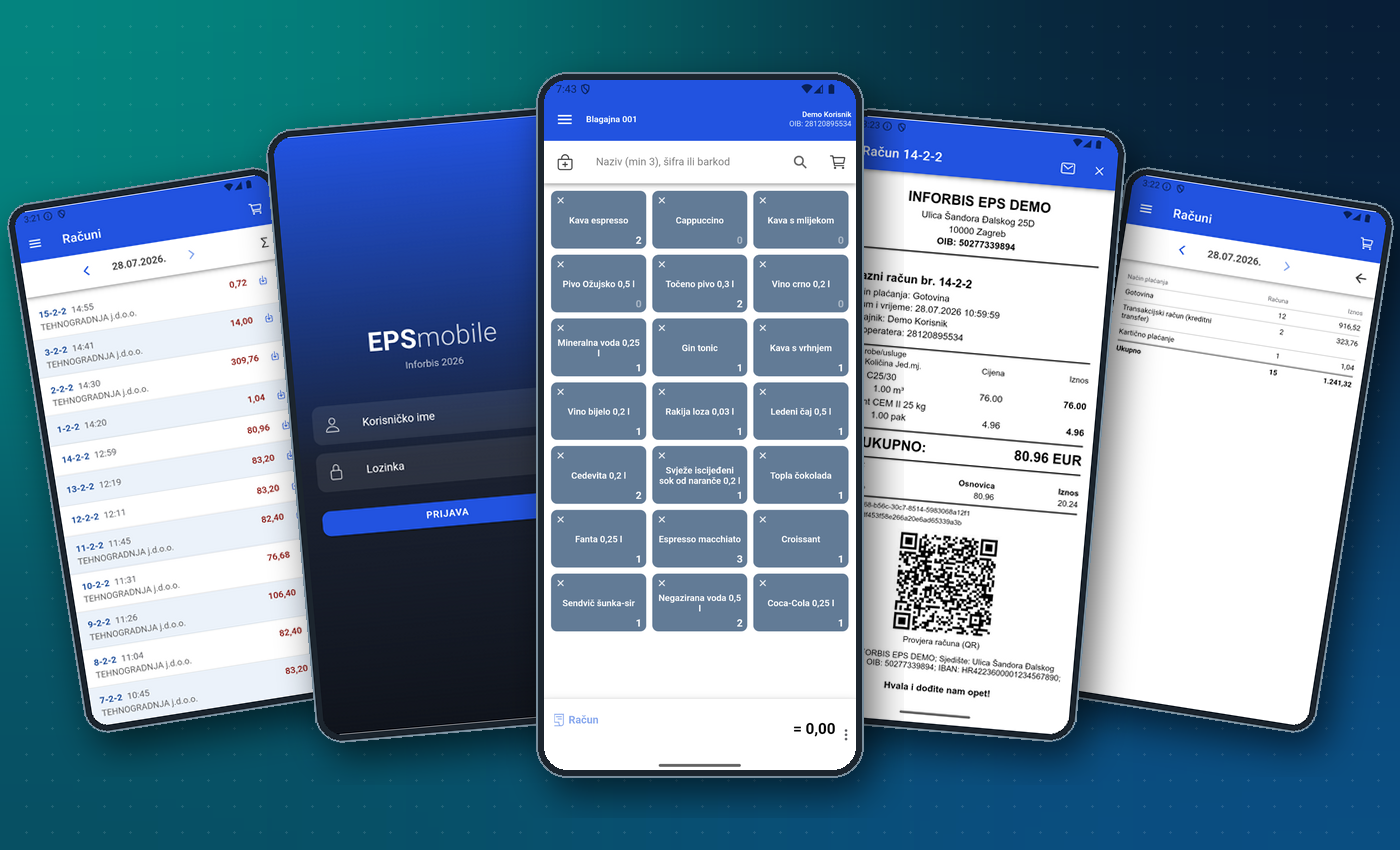 Mobilna aplikacija EPSmobile: blagajna s brzim izborom robe, prijava, popis izdanih računa, pregled po načinima plaćanja i fiskalizirani račun s QR kodom